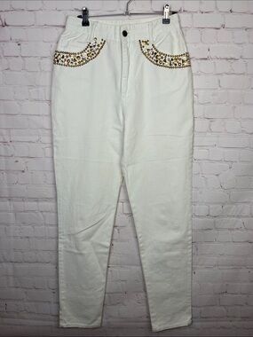 Robin Berry White Jeans with Gold Studs and Rhinestones